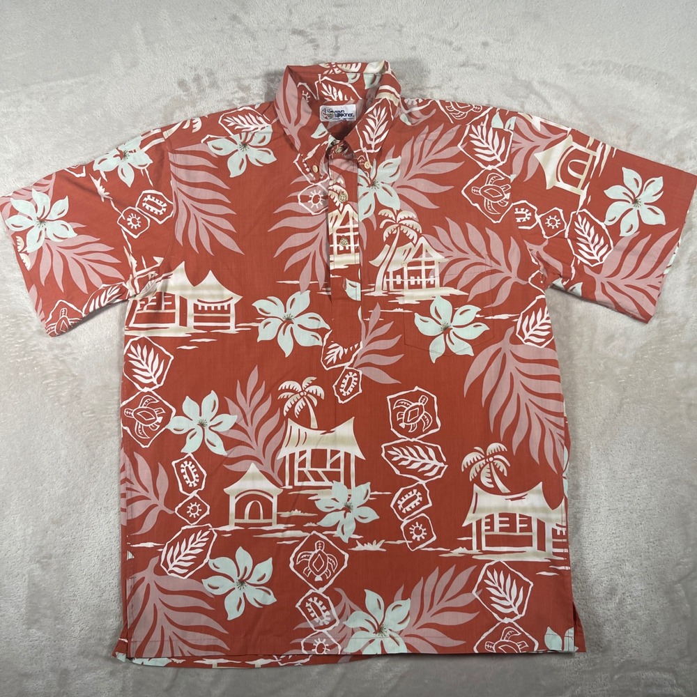 Reyn Spooner Hawaiian Shirt Pullover Mens Medium Rust Orange Tropical Print - Picture 1 of 6